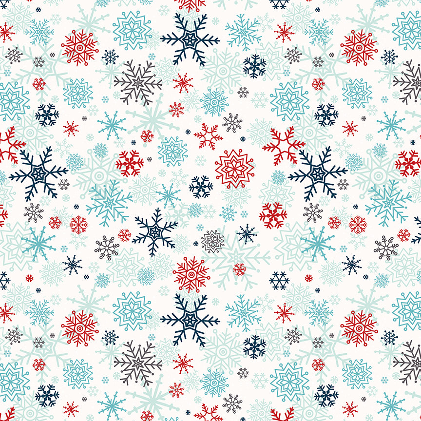 Pattern Snowflakes in Blue Powder and white featuring a mesmerizing array of large and small geometric and lacy snowflakes scattered across the fabric. Pattern is part of the A Perfect Winter Fabric collection by Lori Whitlock for Riley Blake Designs is a festive 100% cotton line. It features a cozy palette of icy blues, powder white, and rich red. This collection is perfect for winter projects, quilts, apparel, and home decor.