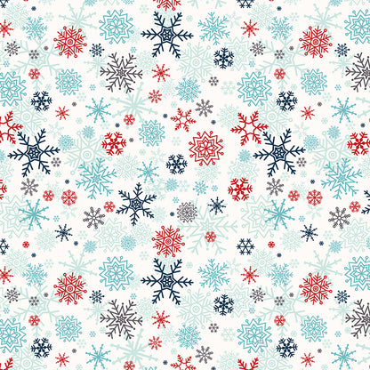Pattern Snowflakes in Blue Powder and white featuring a mesmerizing array of large and small geometric and lacy snowflakes scattered across the fabric. Pattern is part of the A Perfect Winter Fabric collection by Lori Whitlock for Riley Blake Designs is a festive 100% cotton line. It features a cozy palette of icy blues, powder white, and rich red. This collection is perfect for winter projects, quilts, apparel, and home decor.