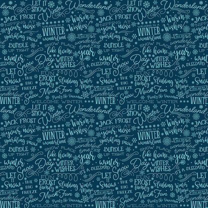 Pattern Text (Navy, Powder, Red) featuring a Typographic design featuring wintry, cheerful phrases, words, and seasonal typography. Pattern is part of the A Perfect Winter Fabric collection by Lori Whitlock for Riley Blake Designs is a festive 100% cotton line. It features a cozy palette of icy blues, powder white, and rich red. This collection is perfect for winter projects, quilts, apparel, and home decor.