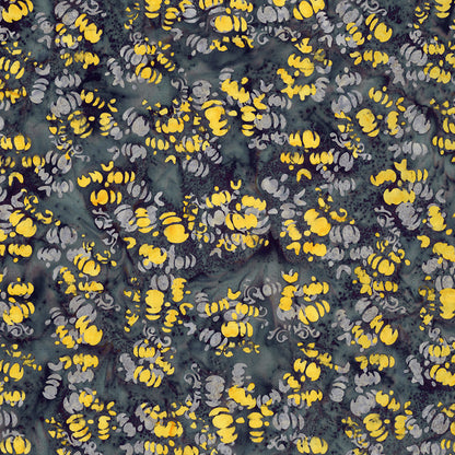 Fabric pattern Whispering Moon: hand dyed dark grey with yellows with scattered pumpkin shapes from The Whispering Hollows collection which features fun Halloween images, with colors invoking midnight skies, as well as favorite seasonal hues. The Batiks Collections by Riley Blake are produced in state-of-the-art facilities with the best Tjap designers and makers, color experts, and stamp prodigies.