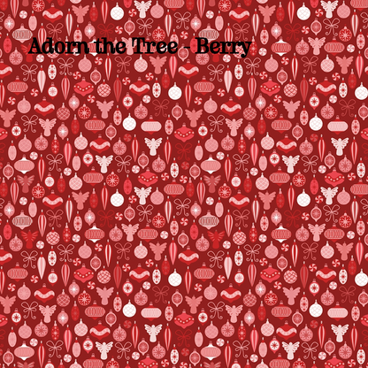 Fabric pattern Adorn the Tree berry: A geometric floral and ornamentation print evoking the texture of decorating evergreen branches, Colors: Berry, Snow, Spearmint from The Nutcracker Tradition fabric collection is designed by Jennifer Long of Sew A Story for Riley Blake Designs. Inspired by the classic Christmas Eve ballet with beloved characters like the Nutcracker, Clara, the Mouse King, and the Sugar Plum Fairy.