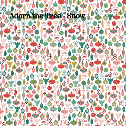 Fabric pattern Adorn the Tree Snow: A geometric floral and ornamentation print evoking the texture of decorating evergreen branches, Colors: Berry, Snow, Spearmint from The Nutcracker Tradition fabric collection is designed by Jennifer Long of Sew A Story for Riley Blake Designs. Inspired by the classic Christmas Eve ballet with beloved characters like the Nutcracker, Clara, the Mouse King, and the Sugar Plum Fairy.