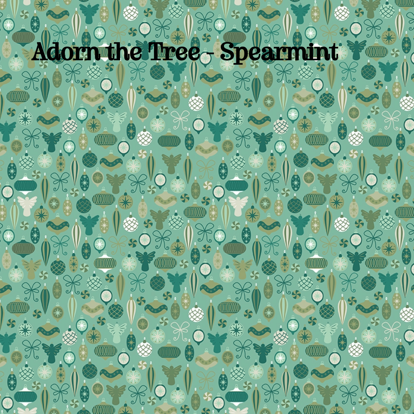 Fabric pattern Adorn the Tree Spearmint: A geometric floral and ornamentation print evoking the texture of decorating evergreen branches, Colors: Berry, Snow, Spearmint from The Nutcracker Tradition fabric collection is designed by Jennifer Long of Sew A Story for Riley Blake Designs. Inspired by the classic Christmas Eve ballet with beloved characters like the Nutcracker, Clara, the Mouse King, and the Sugar Plum Fairy.