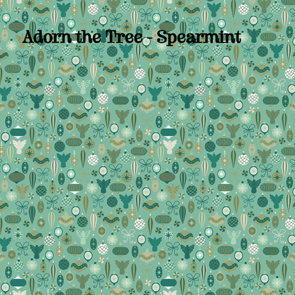 Fabric pattern Adorn the Tree Spearmint: A geometric floral and ornamentation print evoking the texture of decorating evergreen branches, Colors: Berry, Snow, Spearmint from The Nutcracker Tradition fabric collection is designed by Jennifer Long of Sew A Story for Riley Blake Designs. Inspired by the classic Christmas Eve ballet with beloved characters like the Nutcracker, Clara, the Mouse King, and the Sugar Plum Fairy.