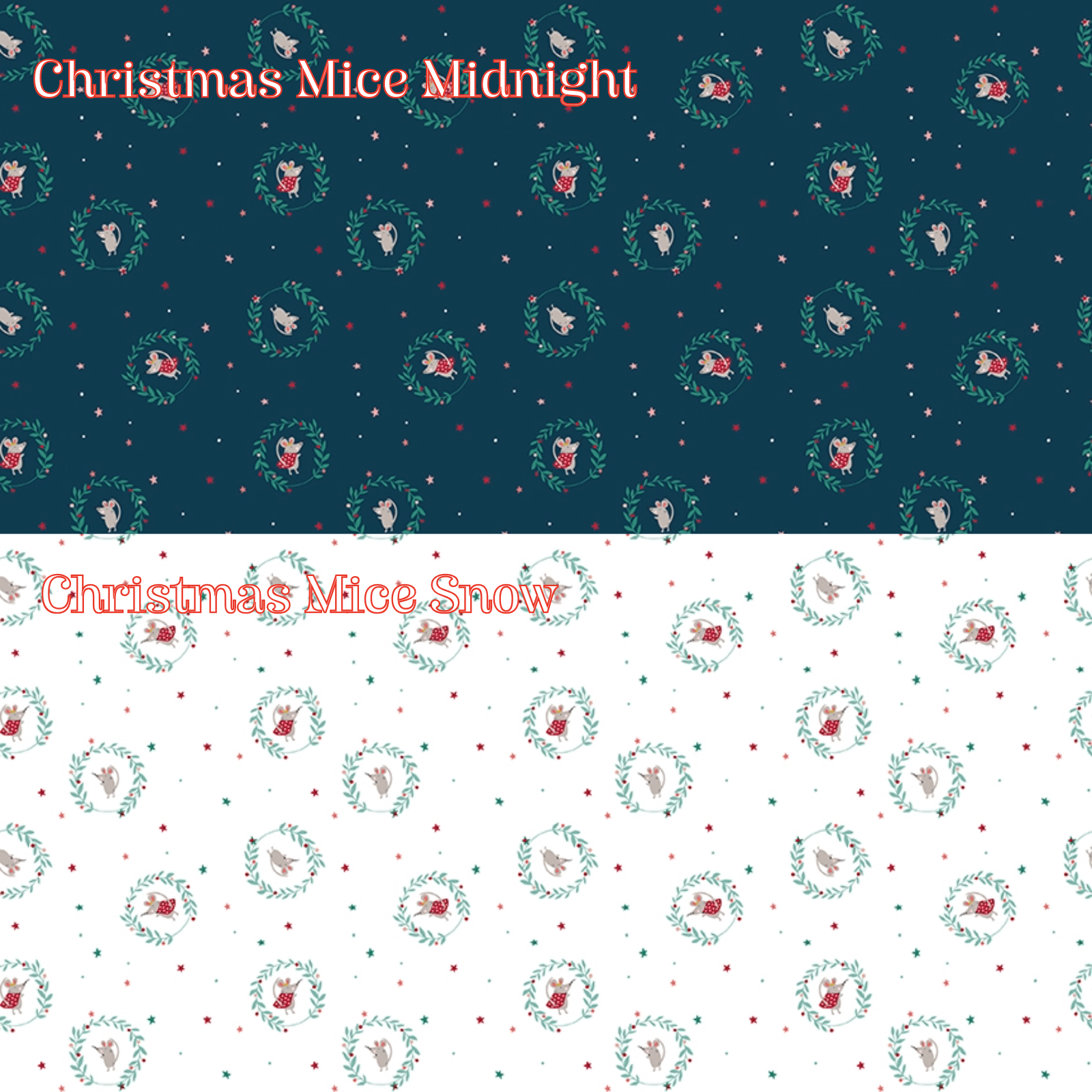 2 Fabric patterns Christmas Mice in colors Midnight and Snow: A whimsical, repeating pattern highlighting the playful, dressed-up Christmas mice characters, Colors: Midnight, Snow, Sugar from The Nutcracker Tradition fabric collection is designed by Jennifer Long of Sew A Story for Riley Blake Designs. Inspired by the classic Christmas Eve ballet with beloved characters like the Nutcracker, Clara, the Mouse King, and the Sugar Plum Fairy.