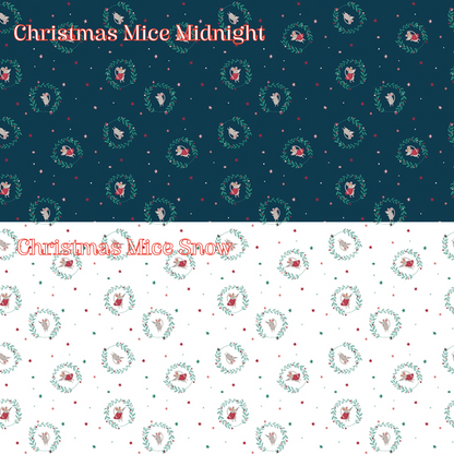 2 Fabric patterns Christmas Mice in colors Midnight and Snow: A whimsical, repeating pattern highlighting the playful, dressed-up Christmas mice characters, Colors: Midnight, Snow, Sugar from The Nutcracker Tradition fabric collection is designed by Jennifer Long of Sew A Story for Riley Blake Designs. Inspired by the classic Christmas Eve ballet with beloved characters like the Nutcracker, Clara, the Mouse King, and the Sugar Plum Fairy.