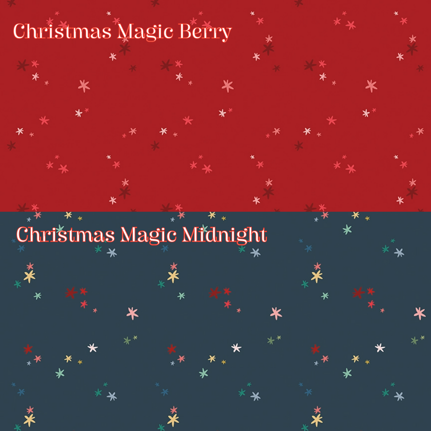 2 Fabric patterns Christmas Magic: in Berry and Midnight A celestial and atmospheric tone-on-tone print packed with twinkling stars and subtle festive iconography, Colors: Berry, Midnight, Pine, Snow from The Nutcracker Tradition fabric collection is designed by Jennifer Long of Sew A Story for Riley Blake Designs. Inspired by the classic Christmas Eve ballet with beloved characters like the Nutcracker, Clara, the Mouse King, and the Sugar Plum Fairy.
