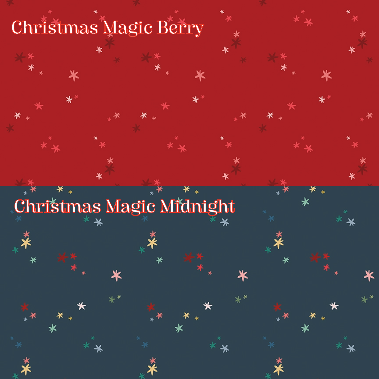 2 Fabric patterns Christmas Magic: in Berry and Midnight A celestial and atmospheric tone-on-tone print packed with twinkling stars and subtle festive iconography, Colors: Berry, Midnight, Pine, Snow from The Nutcracker Tradition fabric collection is designed by Jennifer Long of Sew A Story for Riley Blake Designs. Inspired by the classic Christmas Eve ballet with beloved characters like the Nutcracker, Clara, the Mouse King, and the Sugar Plum Fairy.