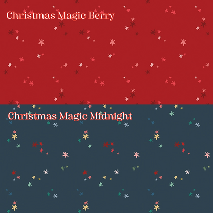 2 Fabric patterns Christmas Magic: in Berry and Midnight A celestial and atmospheric tone-on-tone print packed with twinkling stars and subtle festive iconography, Colors: Berry, Midnight, Pine, Snow from The Nutcracker Tradition fabric collection is designed by Jennifer Long of Sew A Story for Riley Blake Designs. Inspired by the classic Christmas Eve ballet with beloved characters like the Nutcracker, Clara, the Mouse King, and the Sugar Plum Fairy.