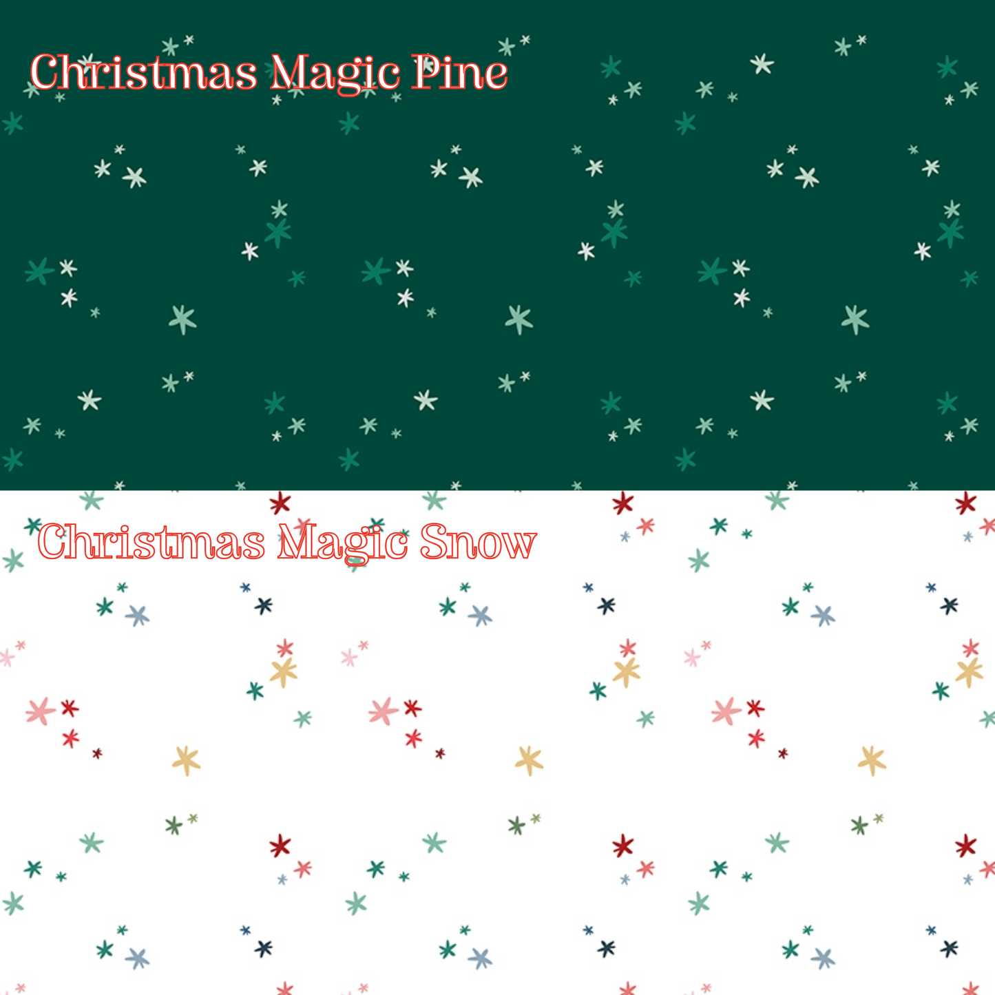 2 Fabric patterns Christmas Magic: in Pine and Snow: A celestial and atmospheric tone-on-tone print packed with twinkling stars and subtle festive iconography, Colors: Berry, Midnight, Pine, Snow from The Nutcracker Tradition fabric collection is designed by Jennifer Long of Sew A Story for Riley Blake Designs. Inspired by the classic Christmas Eve ballet with beloved characters like the Nutcracker, Clara, the Mouse King, and the Sugar Plum Fairy.