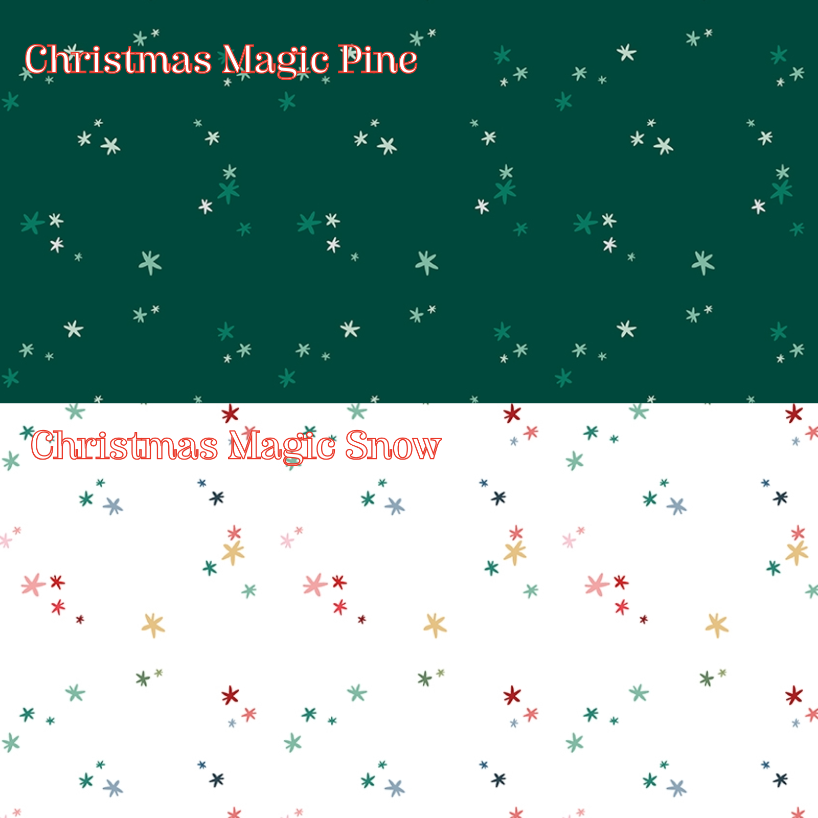 2 Fabric patterns Christmas Magic: in Pine and Snow: A celestial and atmospheric tone-on-tone print packed with twinkling stars and subtle festive iconography, Colors: Berry, Midnight, Pine, Snow from The Nutcracker Tradition fabric collection is designed by Jennifer Long of Sew A Story for Riley Blake Designs. Inspired by the classic Christmas Eve ballet with beloved characters like the Nutcracker, Clara, the Mouse King, and the Sugar Plum Fairy.