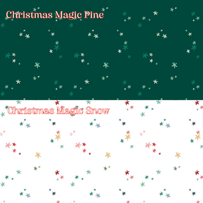 2 Fabric patterns Christmas Magic: in Pine and Snow: A celestial and atmospheric tone-on-tone print packed with twinkling stars and subtle festive iconography, Colors: Berry, Midnight, Pine, Snow from The Nutcracker Tradition fabric collection is designed by Jennifer Long of Sew A Story for Riley Blake Designs. Inspired by the classic Christmas Eve ballet with beloved characters like the Nutcracker, Clara, the Mouse King, and the Sugar Plum Fairy.