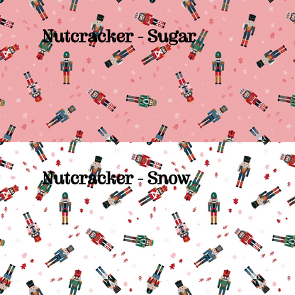 2 Fabric patterns Nutcracker Toss in colors Sugar and Snow: A continuous scatter of classic nutcracker soldier figures intertwined with delicate falling snowflakes and miniature pine trees, Colors: Pine, Snow, Sugar from The Nutcracker Tradition fabric collection is designed by Jennifer Long of Sew A Story for Riley Blake Designs. Inspired by the classic Christmas Eve ballet with beloved characters like the Nutcracker, Clara, the Mouse King, and the Sugar Plum Fairy.