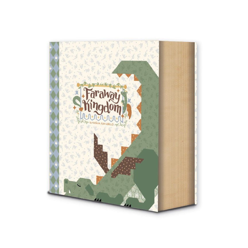 Cotton Fabric Faraway Kingdom Collection Book quilt kit' with a dinosaur illustration on a light background