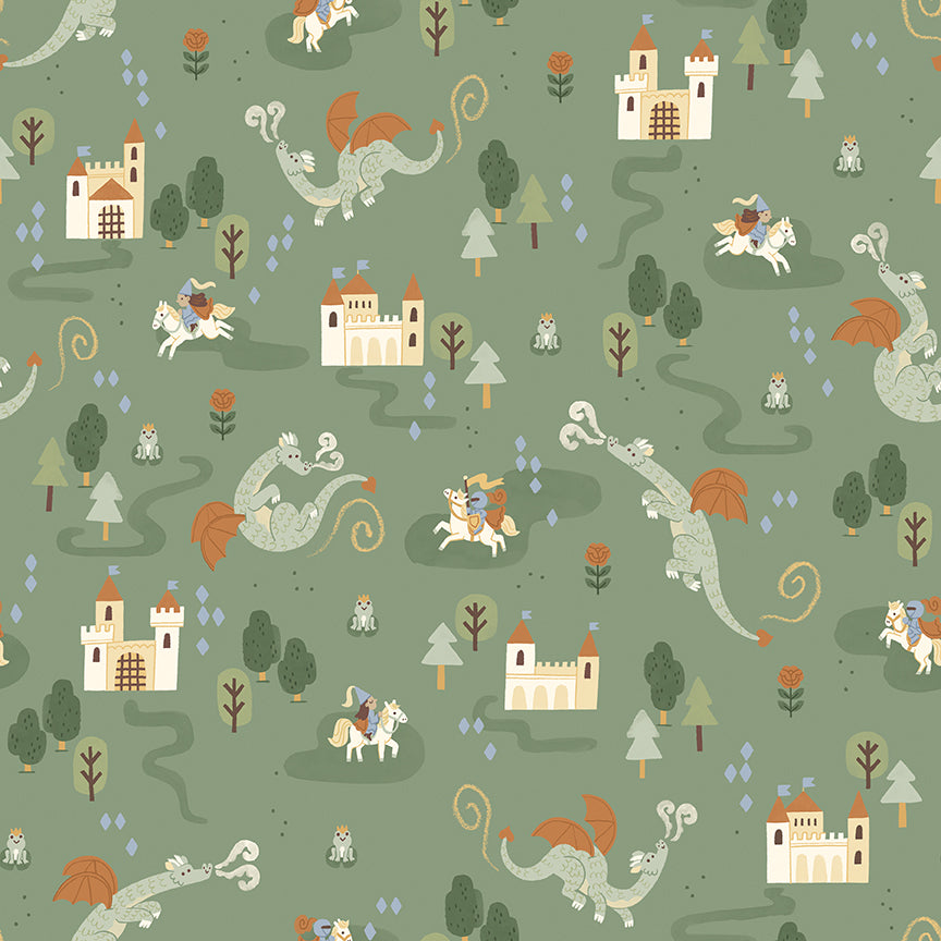 Cotton fabric faraway kingdom collection fairy tale fantasy pattern with dragons, castles, and knights on a green background