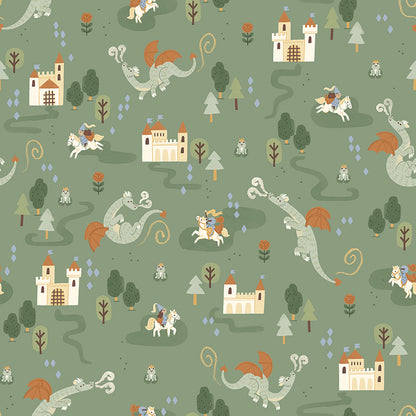 Cotton fabric faraway kingdom collection fairy tale fantasy pattern with dragons, castles, and knights on a green background