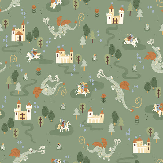 Cotton fabric faraway kingdom collection fairy tale fantasy pattern with dragons, castles, and knights on a green background
