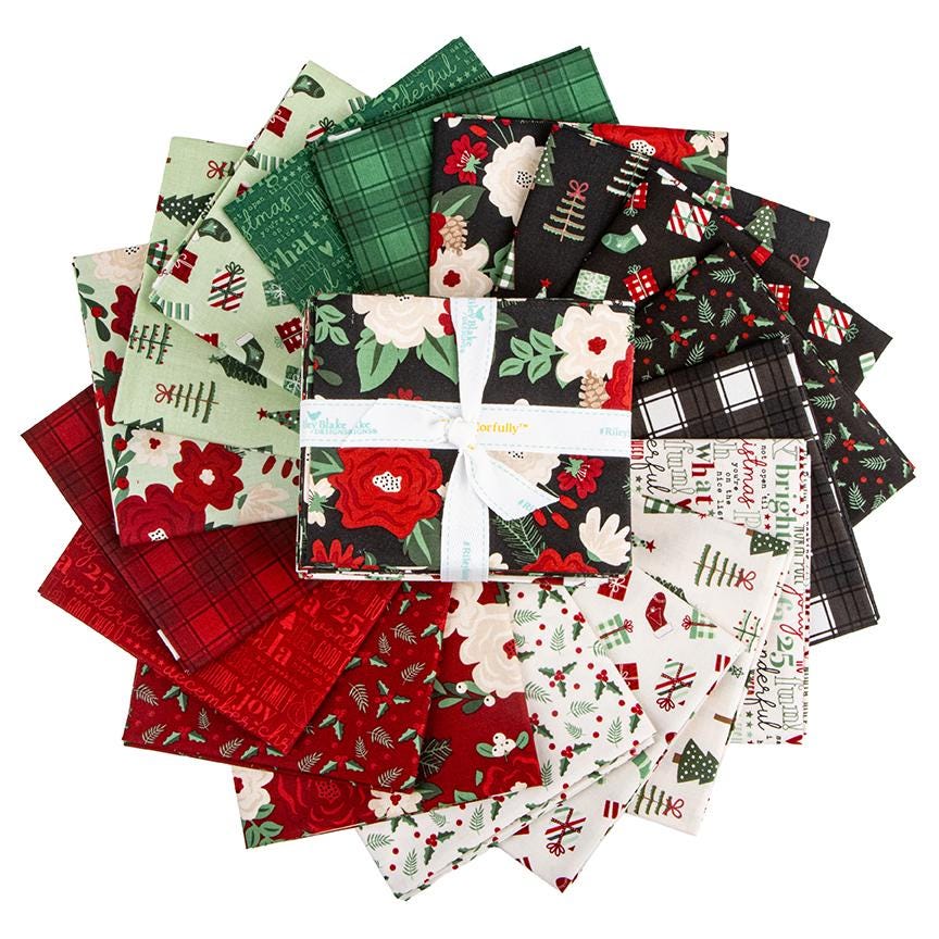 Fat Quarter Bundle from The Evergreen Wishes fabric collection by Traci Reed for Riley Blake Designs blends classic holiday traditions with a fresh, modern palette of rich reds, deep greens, mint, cream, and black. It features beautiful winter florals, cozy plaids, and playful seasonal motifs.