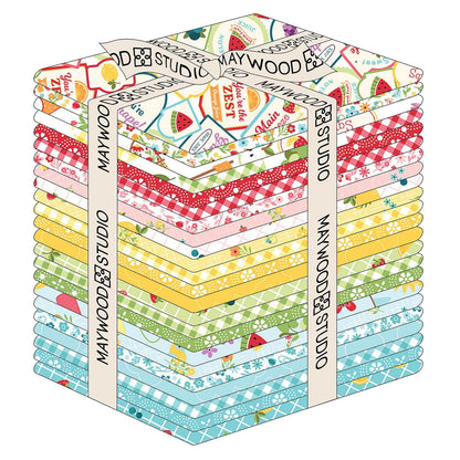 Fat Quarter Bundle includes 23 pieces from The Sippin' on Sunshine collection by Kimberbell for Maywood Studio celebrates summer with playful picnic and warm-weather motifs. This collection features bright citrus slices, refreshing drinks, gingham checks, and ditsy florals across a vibrant palette of sky blue, lemon yellow, pink, and red.