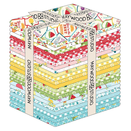 Fat Quarter Bundle includes 23 pieces from The Sippin' on Sunshine collection by Kimberbell for Maywood Studio celebrates summer with playful picnic and warm-weather motifs. This collection features bright citrus slices, refreshing drinks, gingham checks, and ditsy florals across a vibrant palette of sky blue, lemon yellow, pink, and red.
