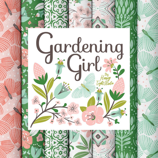 Fat quarter bundle includes all patterns in the The Gardening Girl fabric collection by Hang Tight Studio for Cloud9 Fabrics is a 12-piece, 100% organic cotton collection inspired by springtime, blooming flowers, and the joy of gardening. The collection features a modern-yet-timeless aesthetic in a refreshing palette of coral, green, grey, and white.