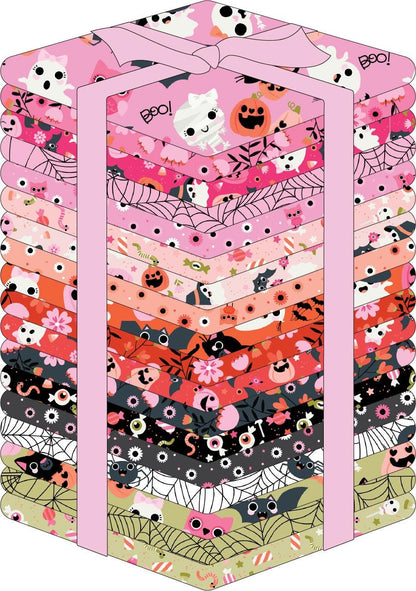 Fat quarter bundle from The Not Scary fabric collection by Jill & Rani for Poppie Cotton celebrates the lighter side of Halloween with a playful, vibrant, and delightfully charming vibe. Featuring a cheerful palette of soft pinks, vivid oranges, gentle greys, and deep greens, the line brings whimsical ghosts, witches, and friendly critters to your seasonal crafts