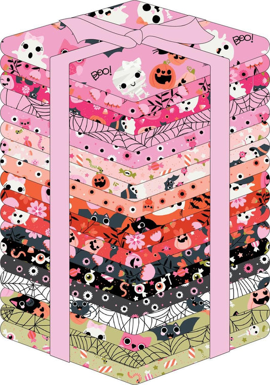 Fat quarter bundle from The Not Scary fabric collection by Jill & Rani for Poppie Cotton celebrates the lighter side of Halloween with a playful, vibrant, and delightfully charming vibe. Featuring a cheerful palette of soft pinks, vivid oranges, gentle greys, and deep greens, the line brings whimsical ghosts, witches, and friendly critters to your seasonal crafts