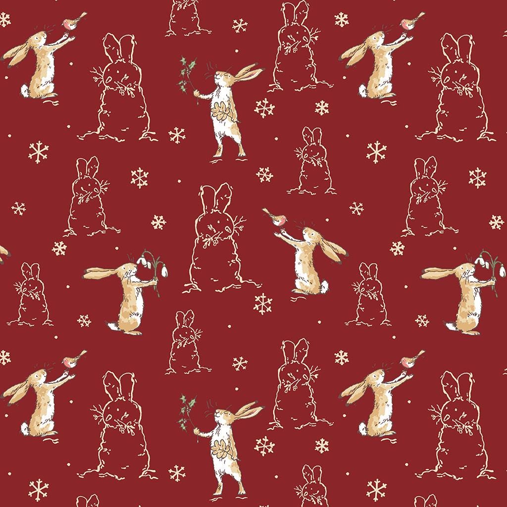 Flannel print Brick Bunny Scenes from the The Guess How Much I Love You 2026 fabric collection by Anita Jeram for Clothworks Fabrics features a cozy, Christmas-themed holiday twist. It centers around Big Nutbrown Hare and Little Nutbrown Hare. The collection includes holiday motifs like bunny-snowmen, mistletoe, holly, and winter scenes.