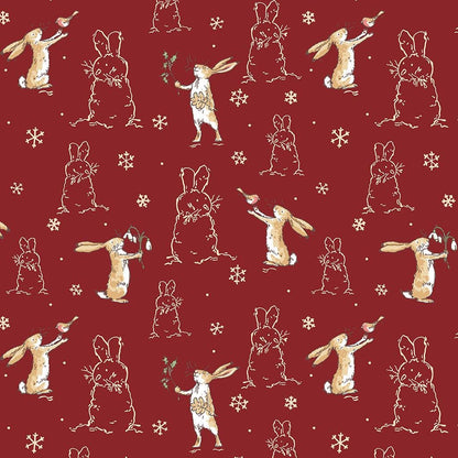 Flannel print Brick Bunny Scenes from the The Guess How Much I Love You 2026 fabric collection by Anita Jeram for Clothworks Fabrics features a cozy, Christmas-themed holiday twist. It centers around Big Nutbrown Hare and Little Nutbrown Hare. The collection includes holiday motifs like bunny-snowmen, mistletoe, holly, and winter scenes.