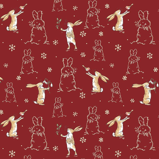Flannel print Brick Bunny Scenes from the The Guess How Much I Love You 2026 fabric collection by Anita Jeram for Clothworks Fabrics features a cozy, Christmas-themed holiday twist. It centers around Big Nutbrown Hare and Little Nutbrown Hare. The collection includes holiday motifs like bunny-snowmen, mistletoe, holly, and winter scenes.