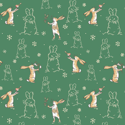 Flannel print Green Bunny Scenes from the The Guess How Much I Love You 2026 fabric collection by Anita Jeram for Clothworks Fabrics features a cozy, Christmas-themed holiday twist. It centers around Big Nutbrown Hare and Little Nutbrown Hare. The collection includes holiday motifs like bunny-snowmen, mistletoe, holly, and winter scenes.