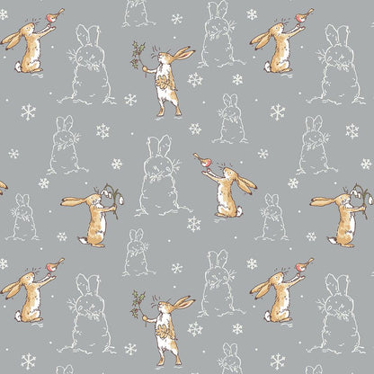 Flannel print Grey Bunny Scenes from the The Guess How Much I Love You 2026 fabric collection by Anita Jeram for Clothworks Fabrics features a cozy, Christmas-themed holiday twist. It centers around Big Nutbrown Hare and Little Nutbrown Hare. The collection includes holiday motifs like bunny-snowmen, mistletoe, holly, and winter scenes.