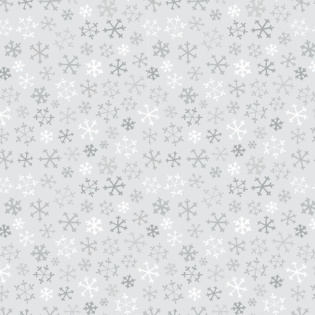 Flannel print Grey Snowflakes from the The Guess How Much I Love You 2026 fabric collection by Anita Jeram for Clothworks Fabrics features a cozy, Christmas-themed holiday twist. It centers around Big Nutbrown Hare and Little Nutbrown Hare. The collection includes holiday motifs like bunny-snowmen, mistletoe, holly, and winter scenes.