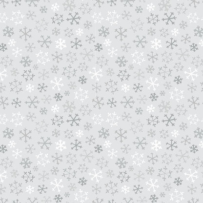 Flannel print Grey Snowflakes from the The Guess How Much I Love You 2026 fabric collection by Anita Jeram for Clothworks Fabrics features a cozy, Christmas-themed holiday twist. It centers around Big Nutbrown Hare and Little Nutbrown Hare. The collection includes holiday motifs like bunny-snowmen, mistletoe, holly, and winter scenes.