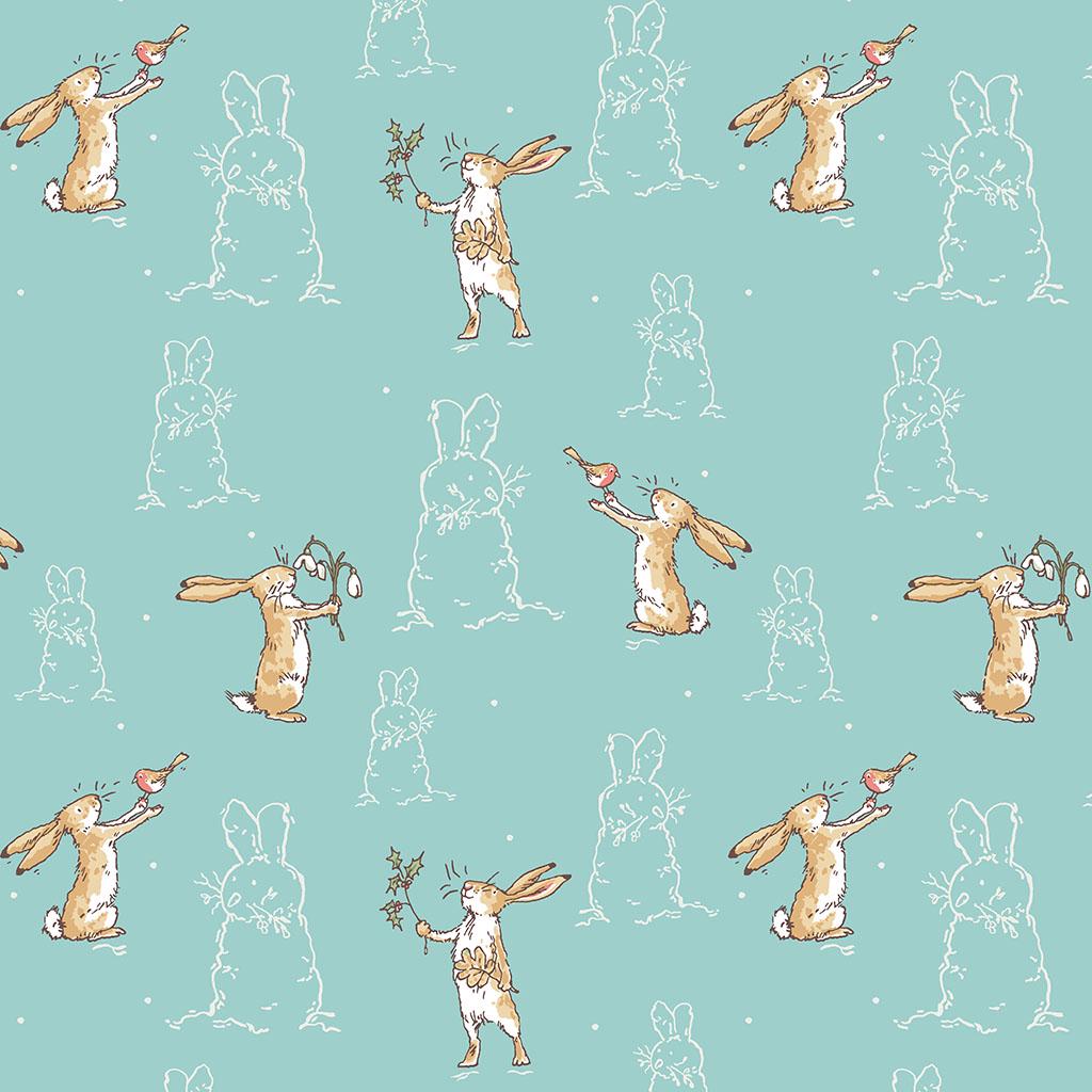 Flannel print Teal Bunny Scenes from the The Guess How Much I Love You 2026 fabric collection by Anita Jeram for Clothworks Fabrics features a cozy, Christmas-themed holiday twist. It centers around Big Nutbrown Hare and Little Nutbrown Hare. The collection includes holiday motifs like bunny-snowmen, mistletoe, holly, and winter scenes.