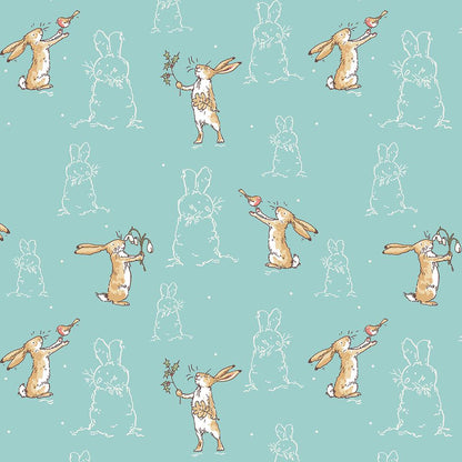 Flannel print Teal Bunny Scenes from the The Guess How Much I Love You 2026 fabric collection by Anita Jeram for Clothworks Fabrics features a cozy, Christmas-themed holiday twist. It centers around Big Nutbrown Hare and Little Nutbrown Hare. The collection includes holiday motifs like bunny-snowmen, mistletoe, holly, and winter scenes.