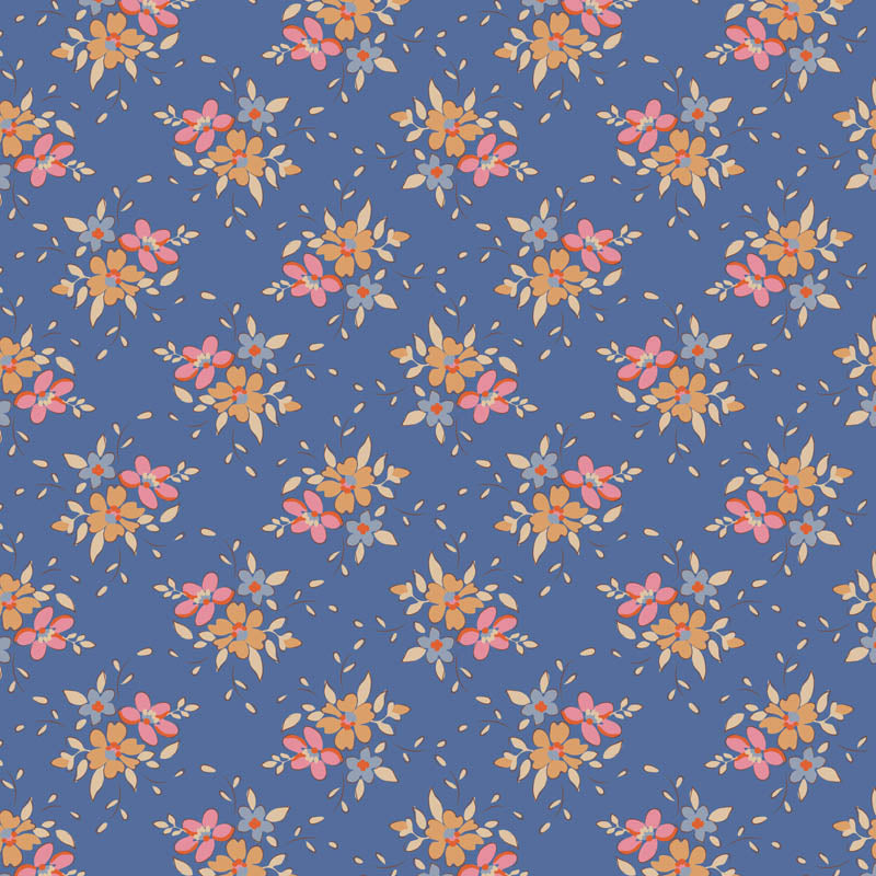 Pattern Frida Blue (130132/1.5.5): A small, stylized flower pattern with a vintage feel from The Tilda "Creating Memories" Summer & Ocean Blues collection is designed by Tone Finnanger, featuring a curated selection of 16 fabrics (a mix of prints and wovens) inspired by the sea and summer days. The collection emphasizes blues, white, and hints of ginger/saffron, characterized by small-scale designs like ditsy flowers, stripes, and dots.