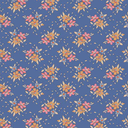 Pattern Frida Blue (130132/1.5.5): A small, stylized flower pattern with a vintage feel from The Tilda "Creating Memories" Summer & Ocean Blues collection is designed by Tone Finnanger, featuring a curated selection of 16 fabrics (a mix of prints and wovens) inspired by the sea and summer days. The collection emphasizes blues, white, and hints of ginger/saffron, characterized by small-scale designs like ditsy flowers, stripes, and dots.