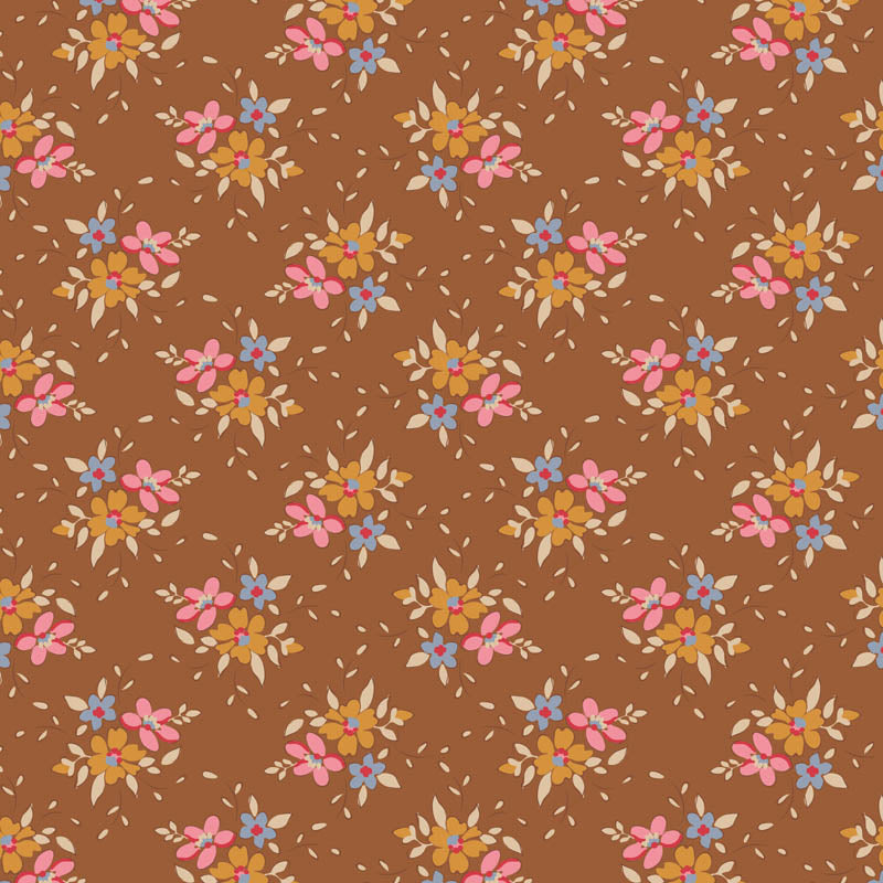 Pattern Frida Brown: A dark brown fabric, often featuring a floral or detailed design an anchor  The Tilda Creating Memories Autumn collection (part of the Seasonal Basics range) features 16 small-patterned fabrics in warm tones of ginger, saffron, brown, and rust, with touches of blue-grey and khaki. Designed by Tone Finnanger, the collection blends 9 printed and 7 woven cotton designs—including dainty florals, delicate stripes, and timeless plaids—ideal for quilting, softies, and  crafting.