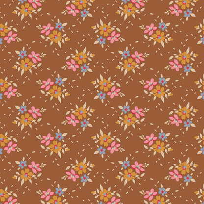 Pattern Frida Brown: A dark brown fabric, often featuring a floral or detailed design an anchor  The Tilda Creating Memories Autumn collection (part of the Seasonal Basics range) features 16 small-patterned fabrics in warm tones of ginger, saffron, brown, and rust, with touches of blue-grey and khaki. Designed by Tone Finnanger, the collection blends 9 printed and 7 woven cotton designs—including dainty florals, delicate stripes, and timeless plaids—ideal for quilting, softies, and  crafting.