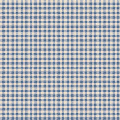 Pattern Gingham Blue (160073/1.5.9): A classic small-check gingham pattern, woven for texture from The Tilda "Creating Memories" Summer & Ocean Blues collection is designed by Tone Finnanger, featuring a curated selection of 16 fabrics (a mix of prints and wovens) inspired by the sea and summer days. The collection emphasizes blues, white, and hints of ginger/saffron, characterized by small-scale designs like ditsy flowers, stripes, and dots.