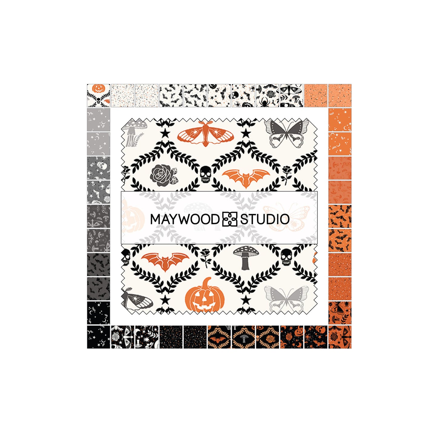 Goth Gardens is a spooky-themed 100 % cotton fabric collection by Maywood Studio featuring victorian & moody textiles in coordinating patterns. The Halloween-inspired imagery includes smiling skulls, haunted roses, bats, and jack-o-lanterns. 