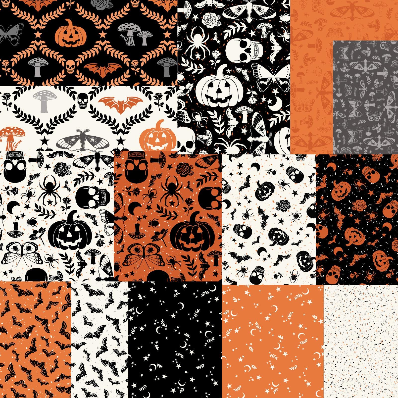 Goth Gardens is a spooky-themed 100 % cotton fabric collection by Maywood Studio featuring Victorian themed coordinating patterns. The Halloween-inspired imagery includes smiling skulls, haunted roses, bats, and jack-o-lanterns.