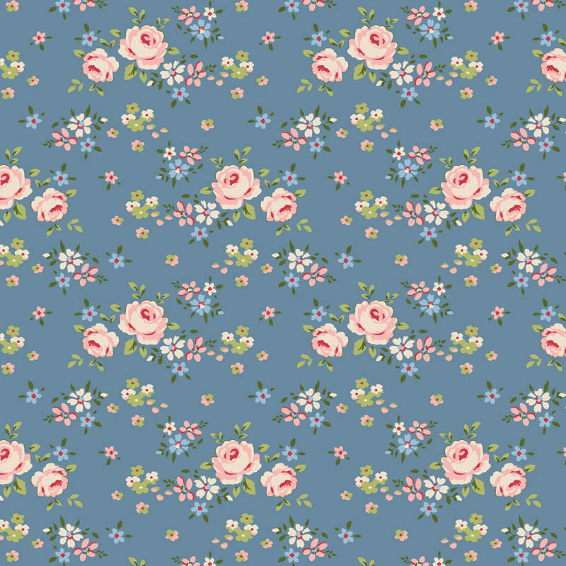 Pattern Gracie Blue (130136/1.5.5): A delicate, small-scale botanical or floral print on a blue base from The Tilda "Creating Memories" Summer & Ocean Blues collection is designed by Tone Finnanger, featuring a curated selection of 16 fabrics (a mix of prints and wovens) inspired by the sea and summer days. The collection emphasizes blues, white, and hints of ginger/saffron, characterized by small-scale designs like ditsy flowers, stripes, and dots.