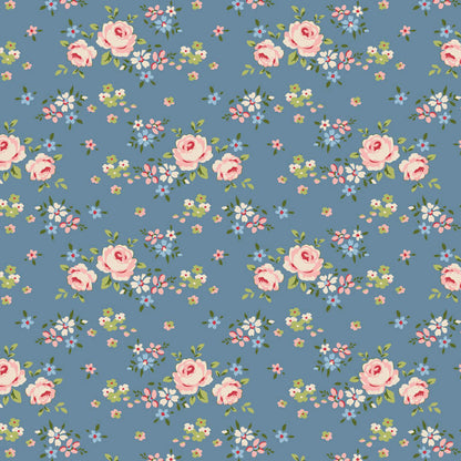 Pattern Gracie Blue (130136/1.5.5): A delicate, small-scale botanical or floral print on a blue base from The Tilda "Creating Memories" Summer & Ocean Blues collection is designed by Tone Finnanger, featuring a curated selection of 16 fabrics (a mix of prints and wovens) inspired by the sea and summer days. The collection emphasizes blues, white, and hints of ginger/saffron, characterized by small-scale designs like ditsy flowers, stripes, and dots.