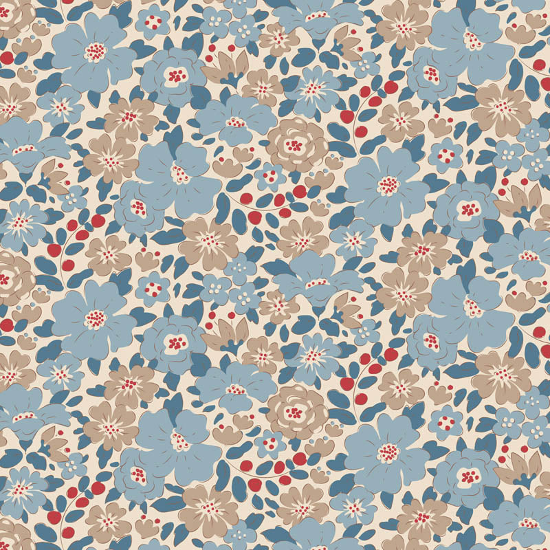 Pattern Harper Blue (130122/1.2.1): A classic floral design featuring small, scattered ditsy flowers from The Tilda "Creating Memories" Summer & Ocean Blues collection is designed by Tone Finnanger, featuring a curated selection of 16 fabrics (a mix of prints and wovens) inspired by the sea and summer days. The collection emphasizes blues, white, and hints of ginger/saffron, characterized by small-scale designs like ditsy flowers, stripes, and dots.