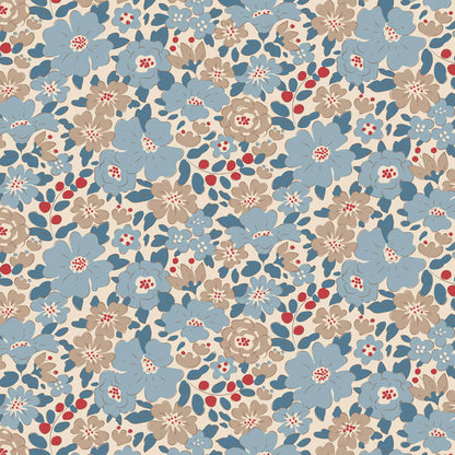 Pattern Harper Blue (130122/1.2.1): A classic floral design featuring small, scattered ditsy flowers from The Tilda "Creating Memories" Summer & Ocean Blues collection is designed by Tone Finnanger, featuring a curated selection of 16 fabrics (a mix of prints and wovens) inspired by the sea and summer days. The collection emphasizes blues, white, and hints of ginger/saffron, characterized by small-scale designs like ditsy flowers, stripes, and dots.
