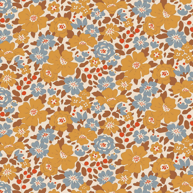 Pattern Harper Saffron: A complementary small-scale pattern in a yellow-saffron shade from The Tilda Creating Memories Autumn collection (part of the Seasonal Basics range) features 16 small-patterned fabrics in warm tones of ginger, saffron, brown, and rust, with touches of blue-grey and khaki. Designed by Tone Finnanger, the collection blends 9 printed and 7 woven cotton designs—including dainty florals, delicate stripes, and timeless plaids—ideal for quilting, softies, and  crafting.