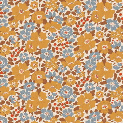 Pattern Harper Saffron: A complementary small-scale pattern in a yellow-saffron shade from The Tilda Creating Memories Autumn collection (part of the Seasonal Basics range) features 16 small-patterned fabrics in warm tones of ginger, saffron, brown, and rust, with touches of blue-grey and khaki. Designed by Tone Finnanger, the collection blends 9 printed and 7 woven cotton designs—including dainty florals, delicate stripes, and timeless plaids—ideal for quilting, softies, and  crafting.