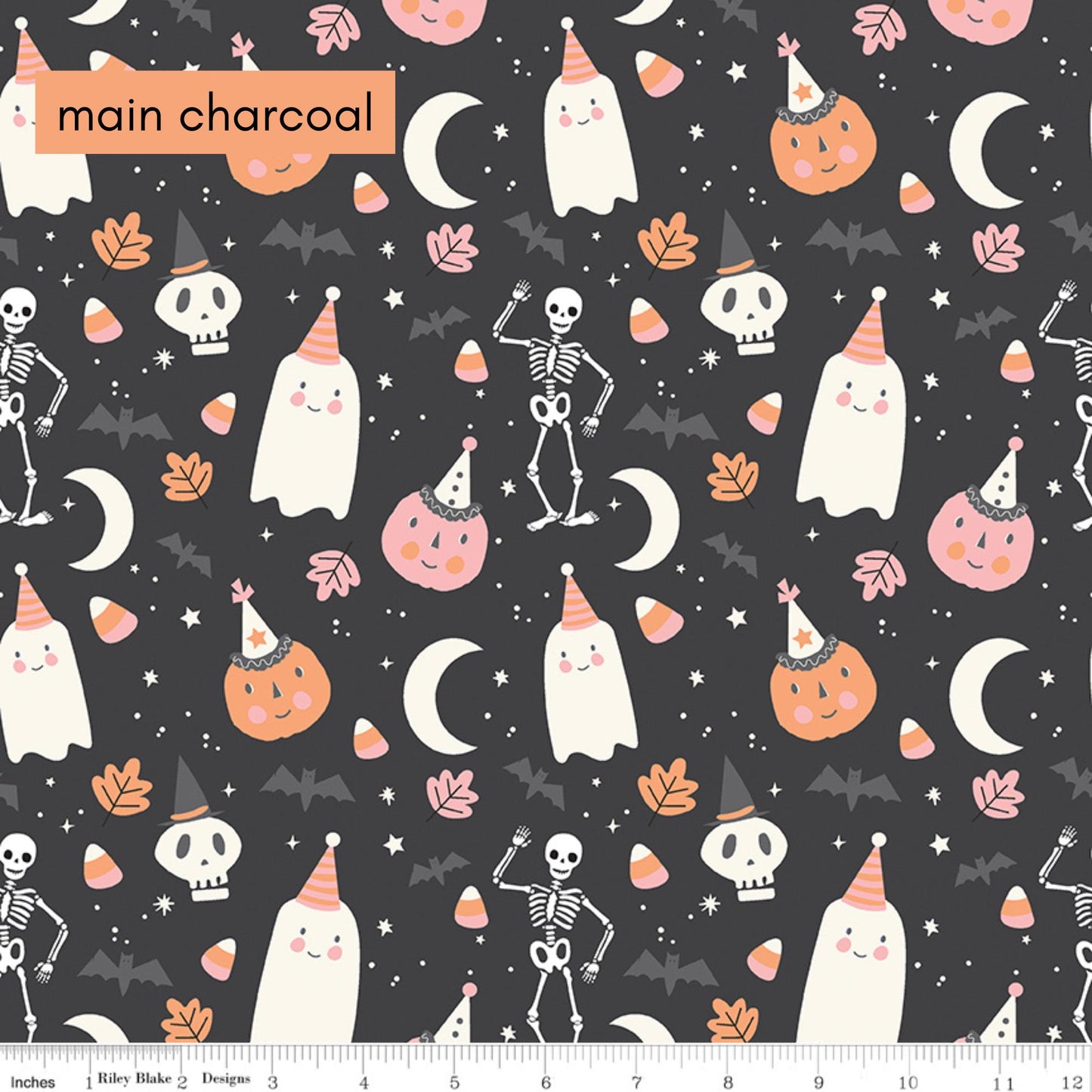 Hey Pumpkin Halloween Fabric from Riley Blake line Main Charcoal pattern: The focal print of the collection, featuring a "ghost party" with friendly skeletons, dancing ghosts, jack-o'-lanterns, bats, candy corn, and stars.